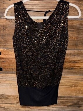 Vintage Poetry Black Top with Gold Sequin Pattern and Open Back